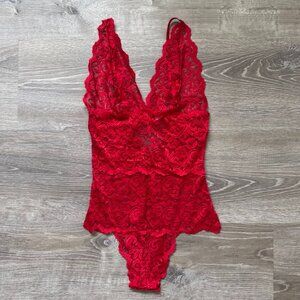 NWOT Red Stretch Lace Lingerie Teddy Bodysuit Plunge Neckline Adjustable Straps